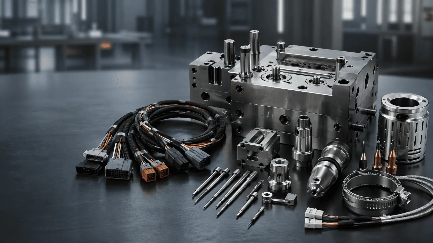 Precision machined mold components and wire harness assemblies on an industrial workbench