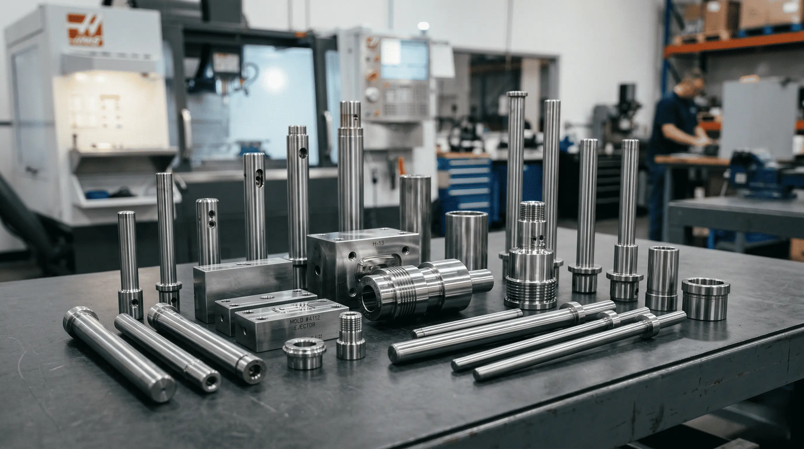 Machined mold components arranged in a workshop